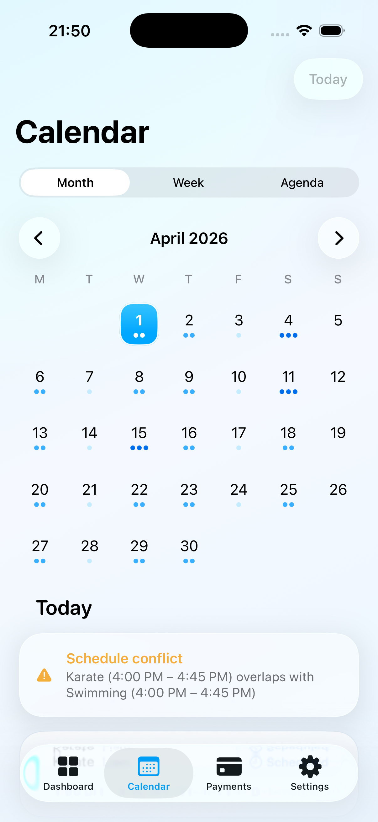 Calendar month overview screen