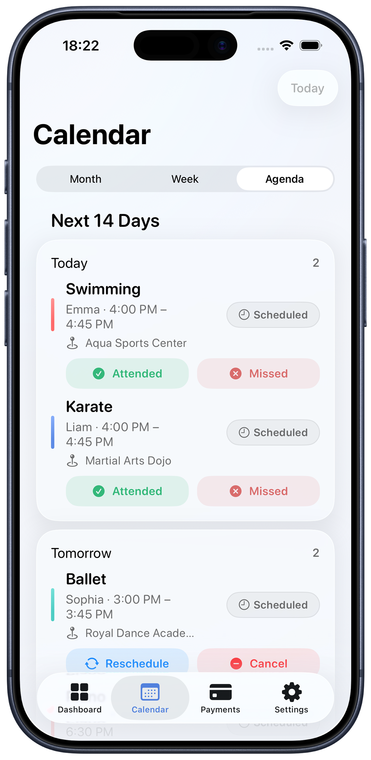 Delista calendar screen in iPhone frame