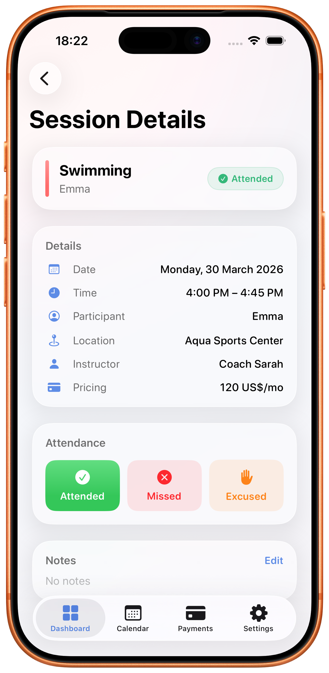 Delista session details screen in iPhone frame