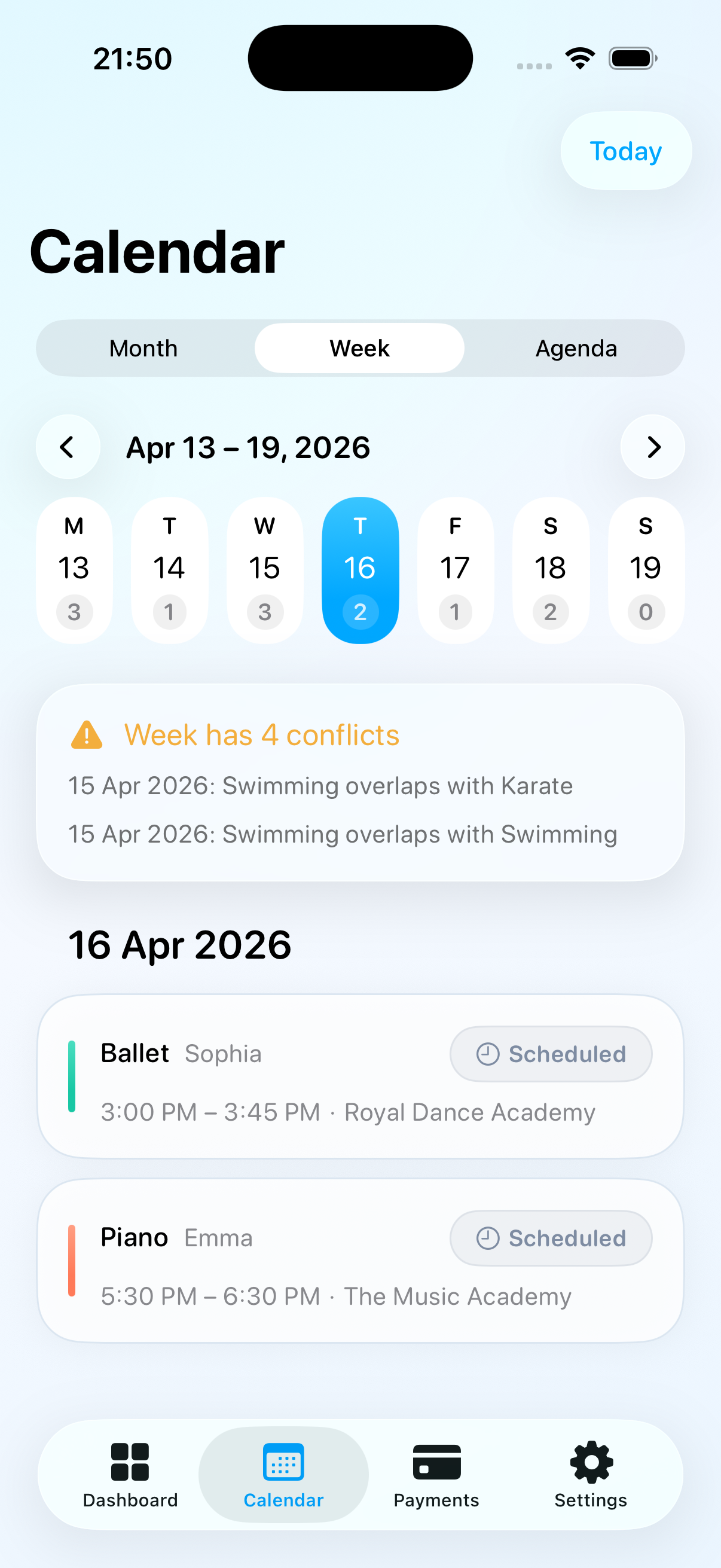Weekly calendar screen