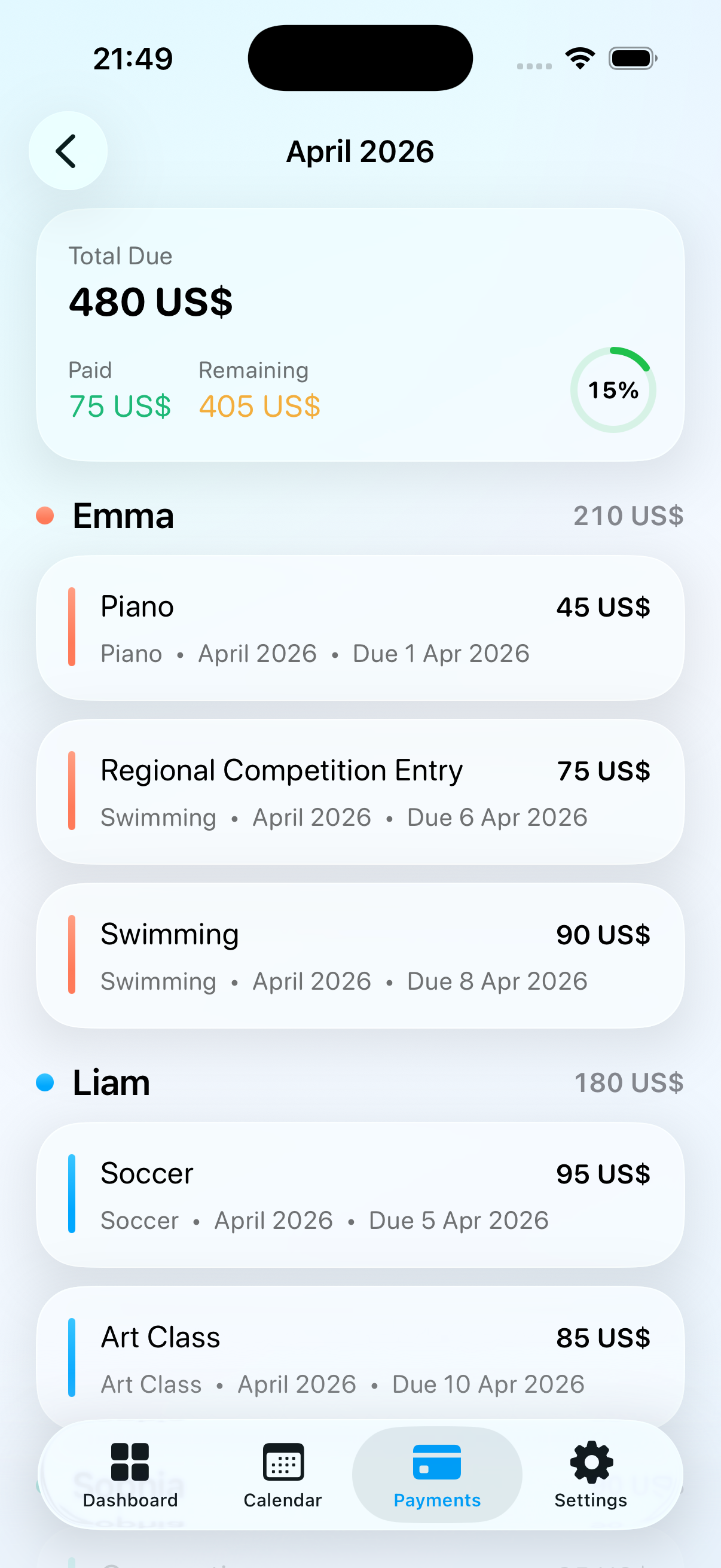 Payment reminder details screen
