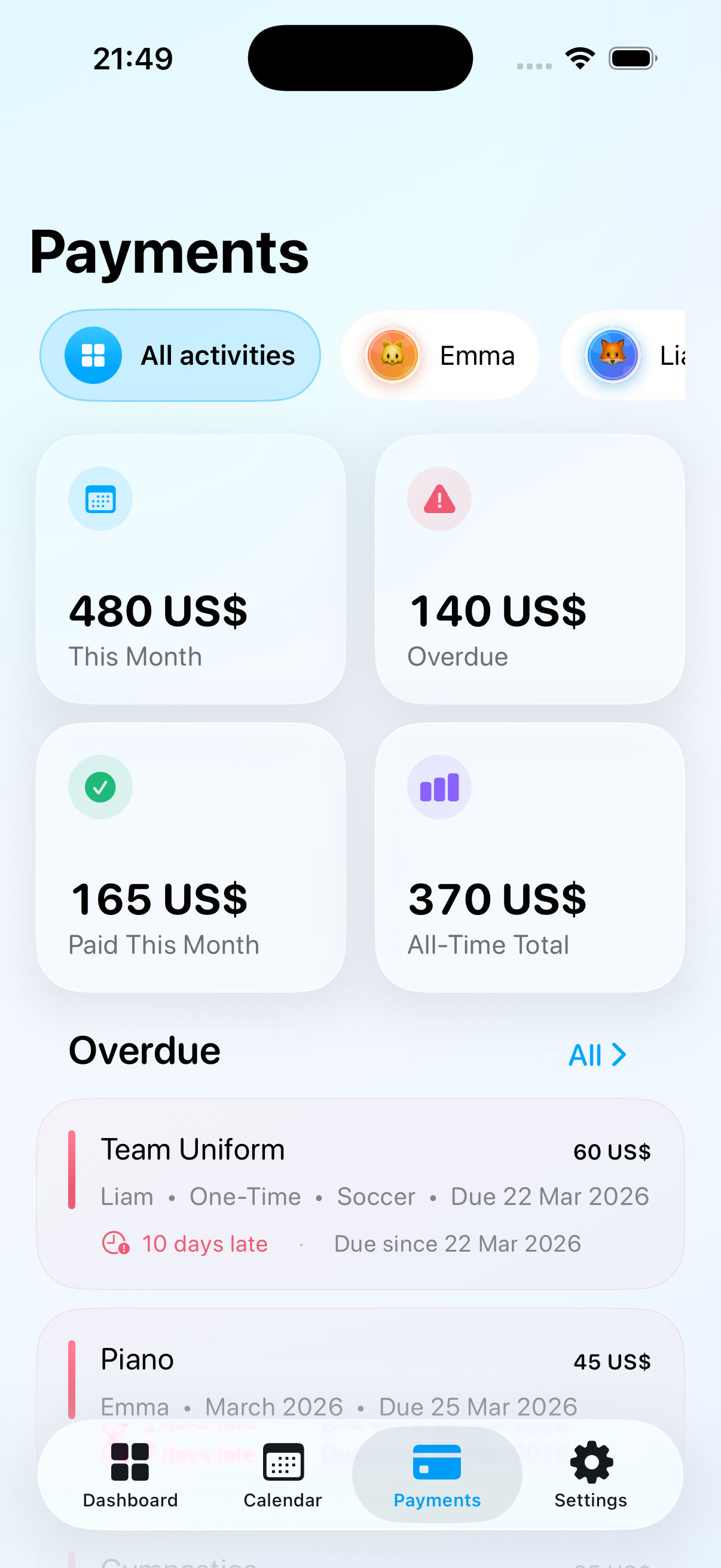 Payments overview screen