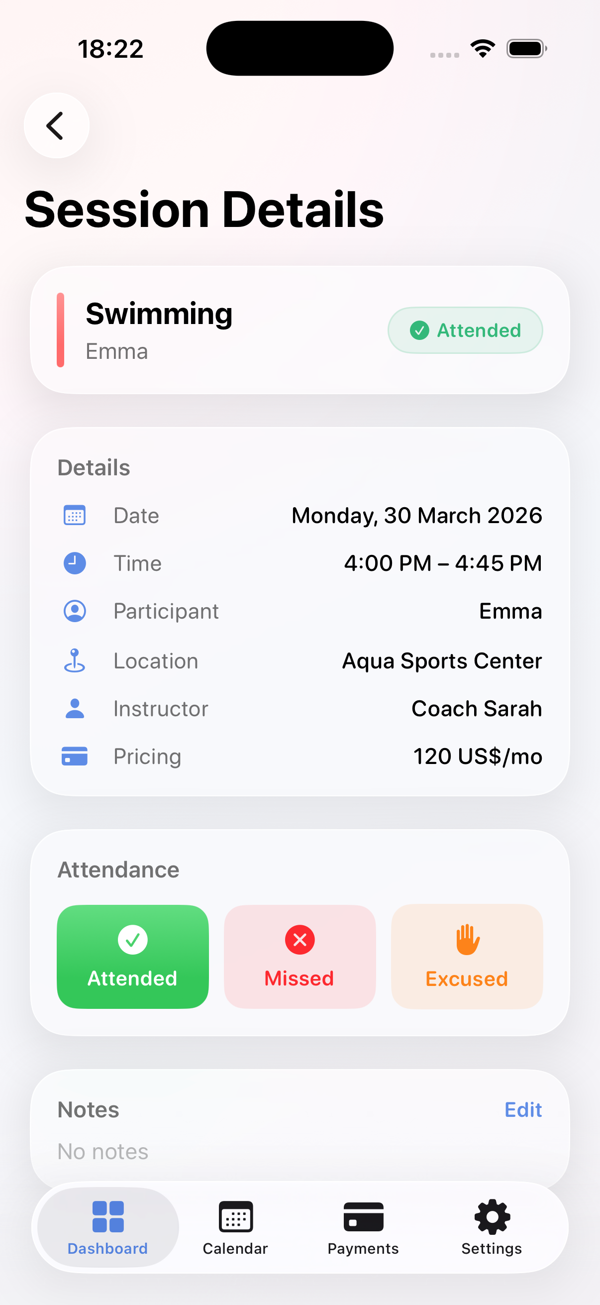 Delista session details app screen